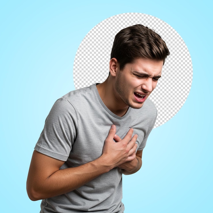 PSD unhappy young man having heart attack or heartache over