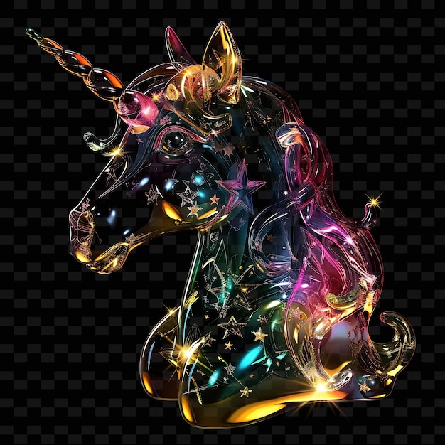 PSD unicorno formato in materiale arcobaleno semitransparente con molteplici raccolte d'arte di forme astratte animali