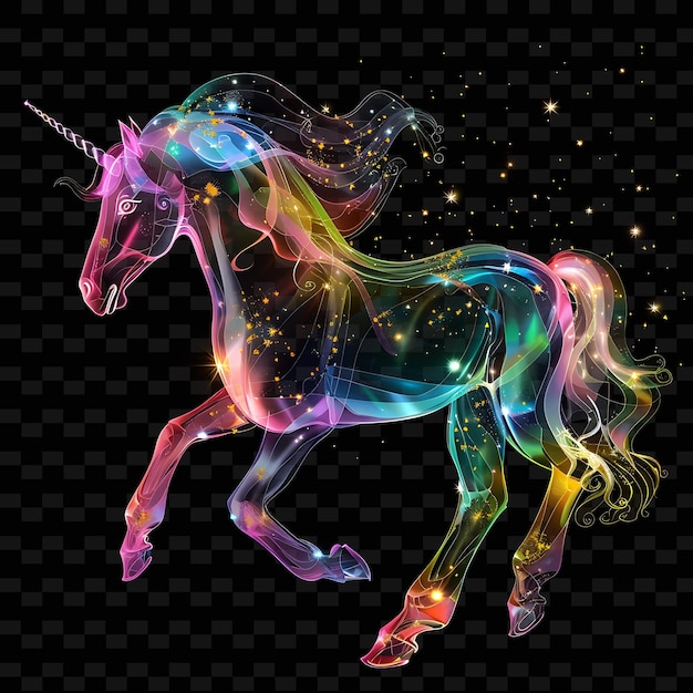 PSD unicorno formato in materiale arcobaleno semitransparente con molteplici raccolte d'arte di forme astratte animali