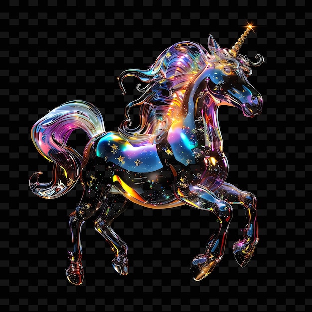 PSD unicorno formato in materiale arcobaleno semitransparente con molteplici raccolte d'arte di forme astratte animali