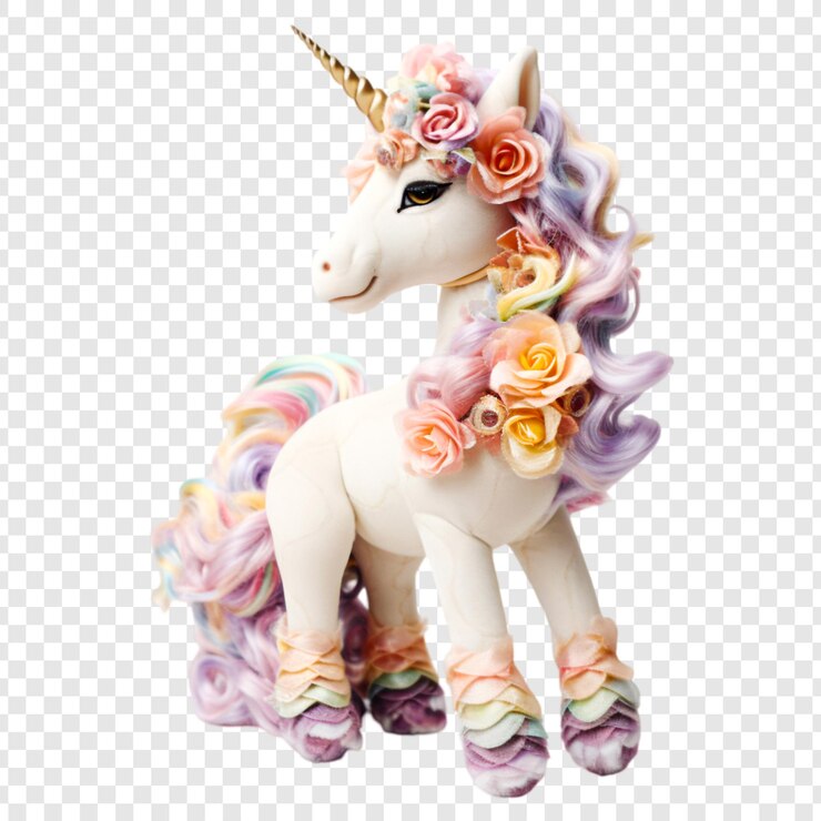 PSD unicorn with flowers on its head is shown isolated on transparent background