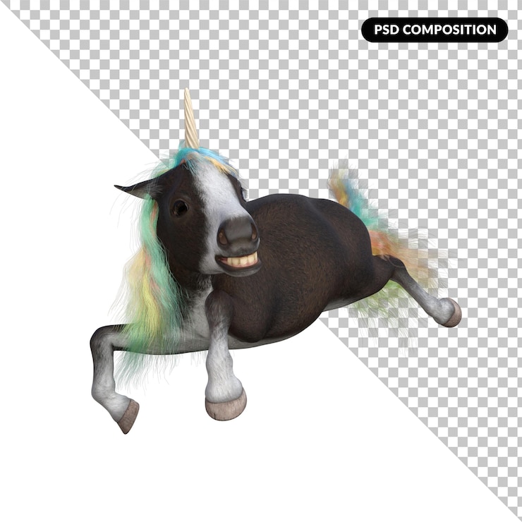 PSD a unicorn with a rainbow mane is lying on its back.