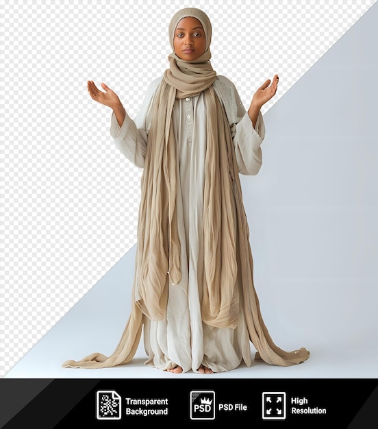 PSD uniek fashi standbeeld van een vrouw die een witte mantel en een bruine sjaal draagt met opgeheven handen en voeten png