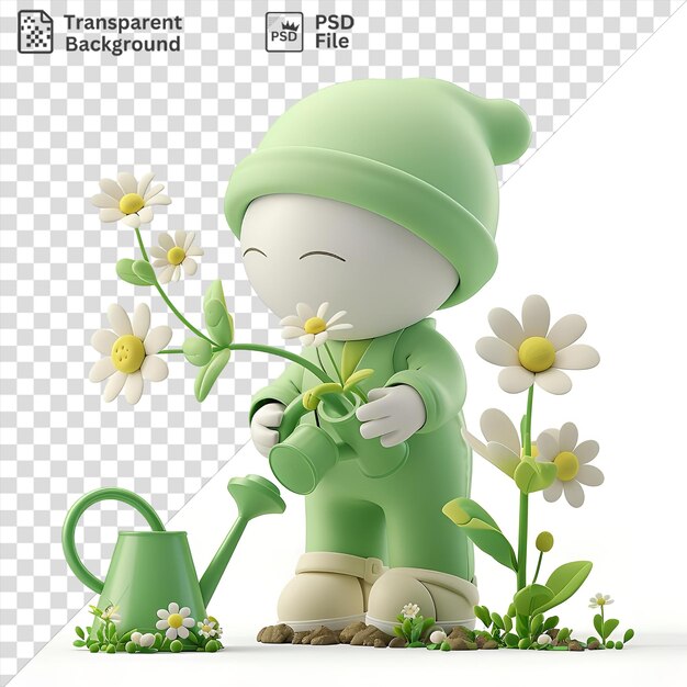 Unieke 3d-cartoon tuinier die bloemen plant met een waterpot omringd door witte en gele bloemen een groene hoed en een wit gezicht