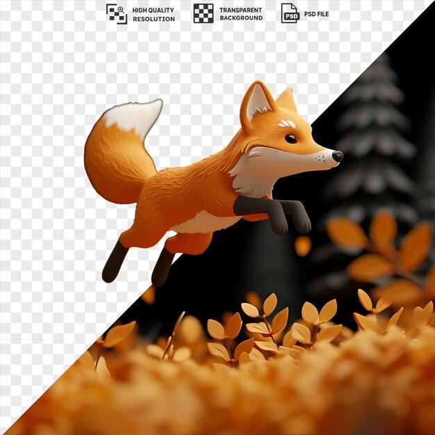 PSD unieke 3d vos cartoon springen door een bos met een zwarte neus en oog en een oranje bloem op de voorgrond
