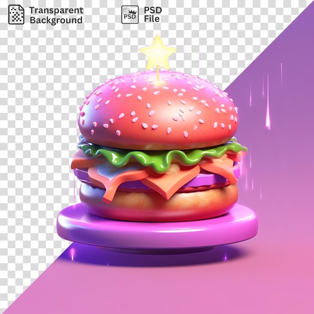 PSD unieke 3d-weergave van een hamburger met een ster erop geplaatst op een paarse en roze tafel met een roze schaduw op de achtergrond