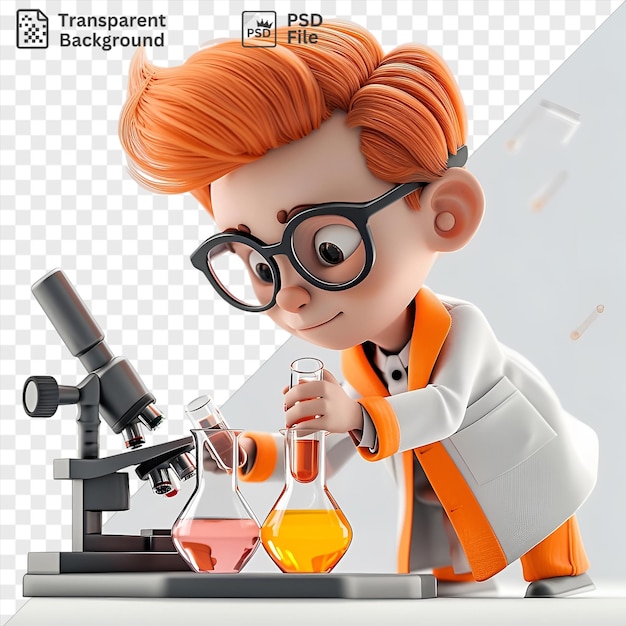 PSD unieke 3d-wetenschapper cartoon die experimenten uitvoert in een lab met zwarte bril en oranje haar met een kleine hand en oor zichtbaar op de voorgrond