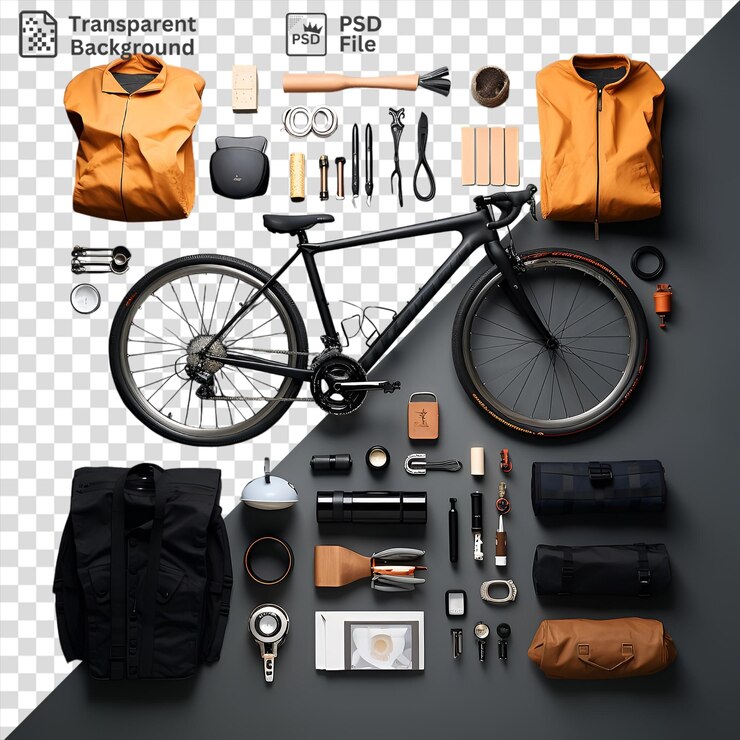 PSD unieke high-end fiets en accessoires op een witte muur met een zwarte rugzak, zilveren en zwarte camera, oranje bal en zwarte band