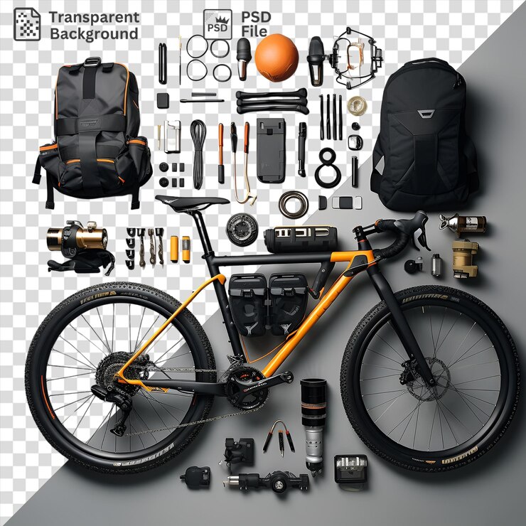 PSD unieke high-end fiets en accessoires op een witte muur met een zwarte rugzak, zilveren en zwarte camera, oranje bal en zwarte band