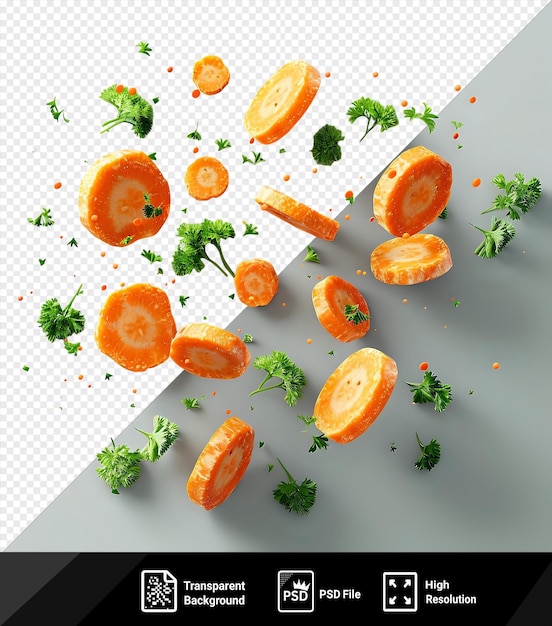 Unieke wortelschijf geïsoleerde wortels met peterselie vliegen perfecte geretoucheerde wortelschijven isoleren volledige diepte van het veld met peterseleie vliegen in de lucht png psd