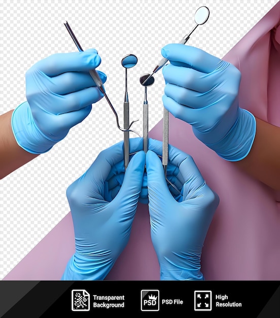 PSD unikalne narzędzia medyczne stomatologiczne, w tym niebieskie rękawiczki i srebrna łyżka, są wyświetlane na różowym tle obok pary niebieskich rąk.