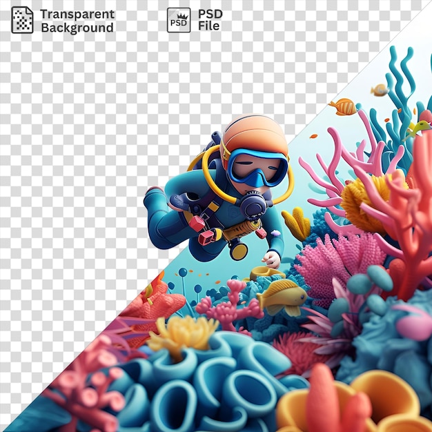 PSD unikalny kreskówkowy nurk 3d badający kolorowy podwodny raj otoczony żywymi kwiatami i rybami