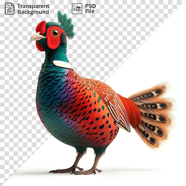 PSD unique 3d cartoon pheasant strutting with iridescent plumage featuring a green neck red head and white beak with brown and black legs and feet