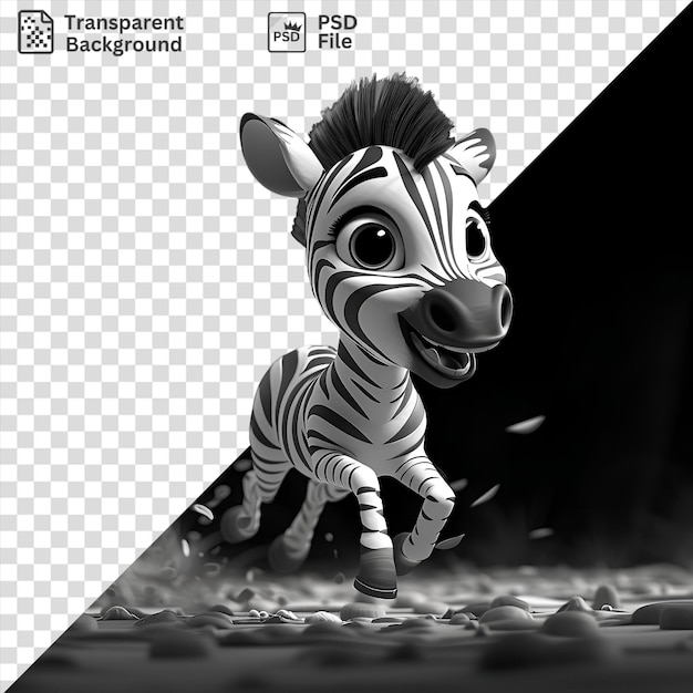 Unique 3d cartoon zebra running in the savannah with black and white stripes a black eye and a white ear while a white leg is visible in the foreground