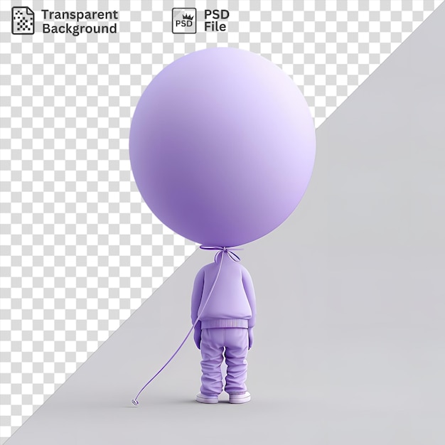 PSD unique 3d cartoonist drawing humorous sketches of a man holding a large purple balloon with a white foot and purple leg visible in the foreground and a purple string in the background