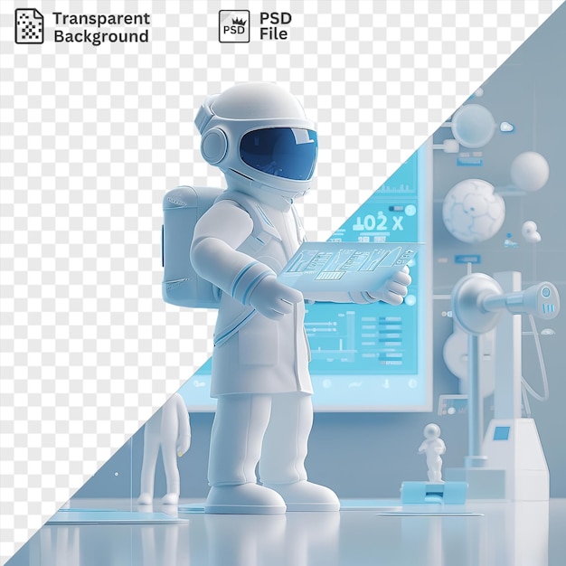 PSD unique 3d climatologist analyzing weather patterns on a computer screen accompanied by a white toy and a blue and white wall with a white leg visible in the foreground