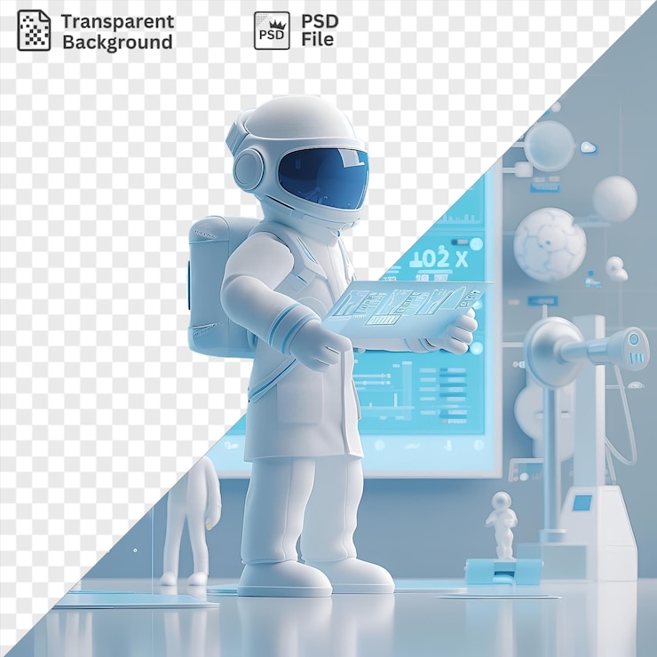 PSD unique 3d climatologist analyzing weather patterns on a computer screen accompanied by a white toy and a blue and white wall with a white leg visible in the foreground