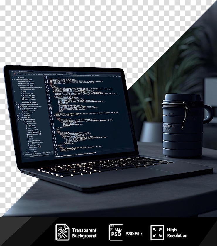 PSD unique 3d computer programmer coding on a laptop computer with a black keyboard and a green plant in the background png psd