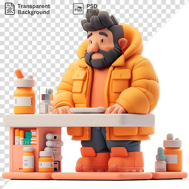 PSD unique 3d drug dealer cartoon selling illegal substances on a white shelf surrounded by various bottles and toys with a black face and hand visible in the foreground