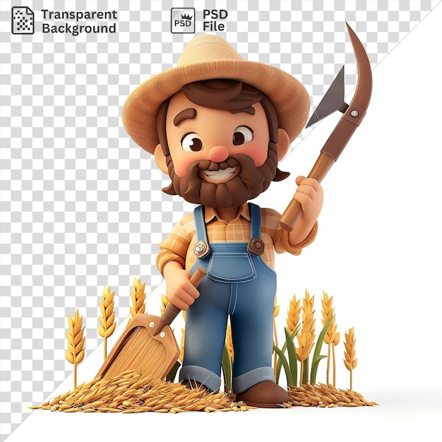 PSD contadino 3d unico che raccoglie colture con un coltello affilato che indossa un cappello di paglia e tiene in mano un giocattolo mentre è circondato da fiori gialli