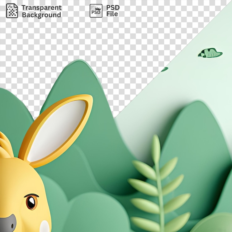 PSD unique 3d kangaroo cartoon leading a nature hike with a yellow rabbit and black eye in the background against a green and white wall with a green leaf in the foreground