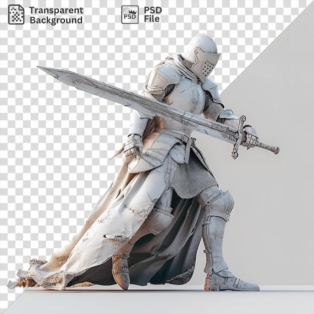 PSD unique 3d knight wielding a sword and wearing a silver and white helmet with a gray leg visible in the foreground