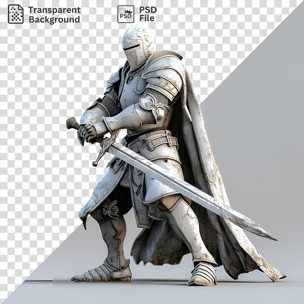 PSD unique 3d knight wielding a sword and wearing a white helmet with a white leg visible in the foreground