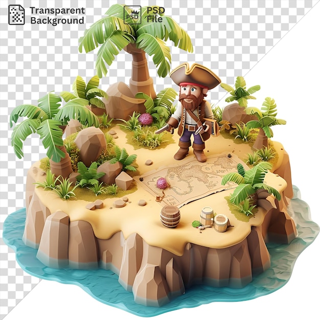 PSD unique 3d pirate cartoon hunting for hidden treasure on a desert island