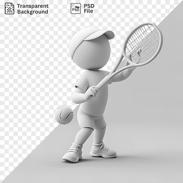 Unique 3d tennis player serving a ball with a white racket wearing white shoes and holding it with a bent arm and hand while a white leg and hand are visible in the background