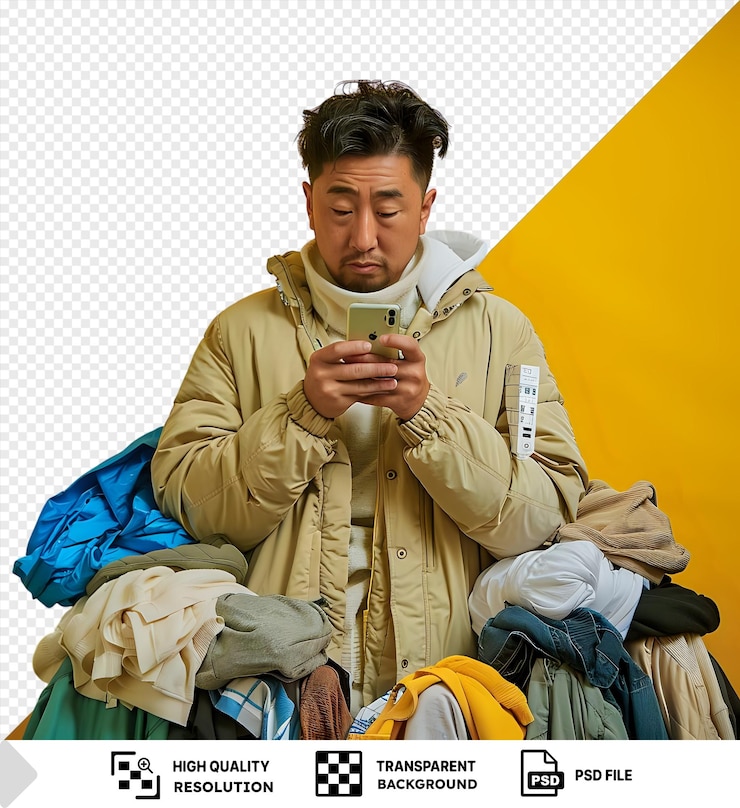PSD unique adult asian man think something while typing on his mobile phone in front of a yellow wall with his hand visible in the foreground