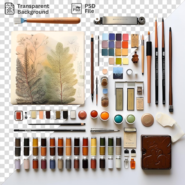 PSD unique art supplies set on a transparent background with a small tree in the background