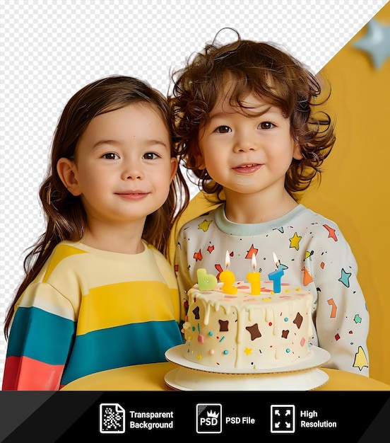 Unique bday party photo featuring a young girl and boy holding a white cake on a yellow table with a blue star and yellow wall in the background the girl has long brown hair and wears png