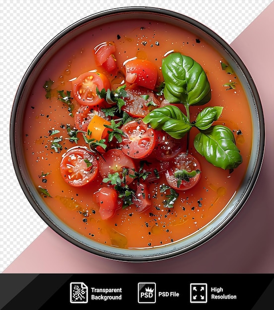 PSD unique bowl of tomato soup top view on a pink background png