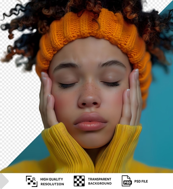 유니크한 브레드 온 더 진통제 스튜디오 : 머리가 아픈 젊은 여성, 노란색 셔츠와 오렌지색 모자를 입고, 눈을 감고, 작은 코와 어두운 눈<unk>, 그녀의 손.