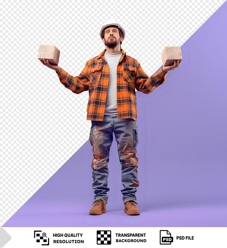 PSD unique builder young man constructiuniform and safety helmet holding two bricks looking them intrigued standing in front of purple background