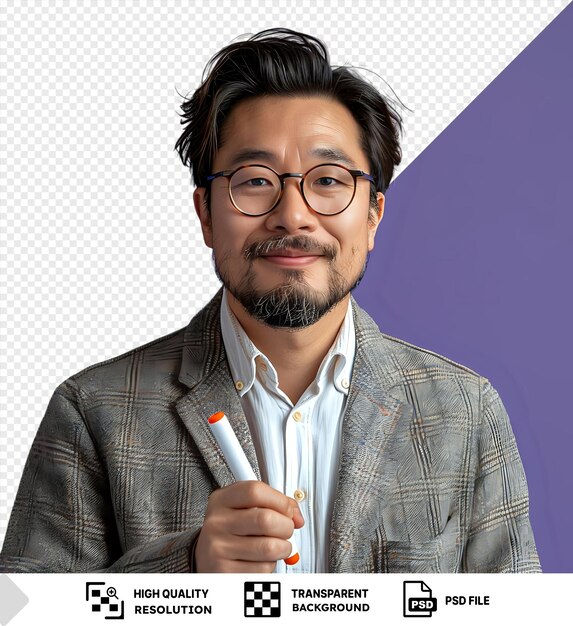 PSD unique business man writing with marker in front of a purple wall wearing a white shirt and black glasses with brown and black hair and a small ear visible png psd