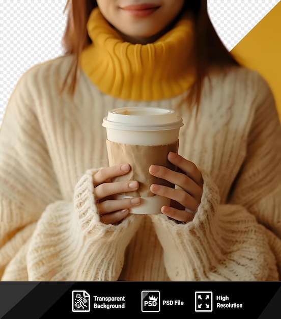 PSD unique coffee break a woman with long brown hair and a white sweater holds a white cup with a white lid while wearing a yellow scarf her hand rests on the cup as she enjoys her beverage png