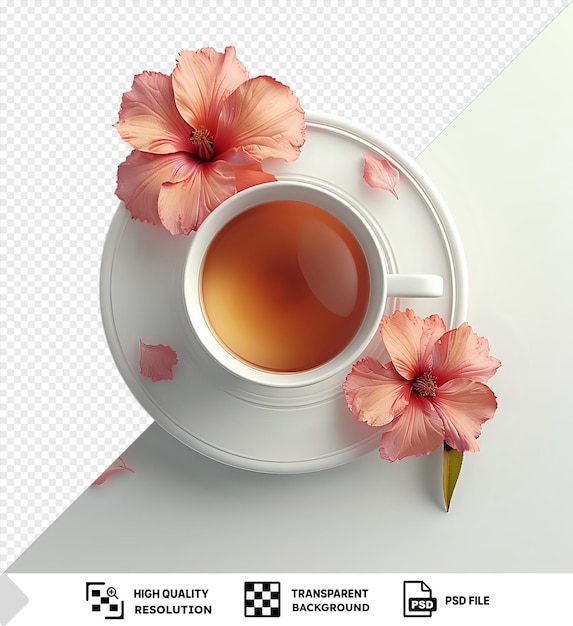 Unique cup of tea or coffee with pink flower top view on a transparent background png