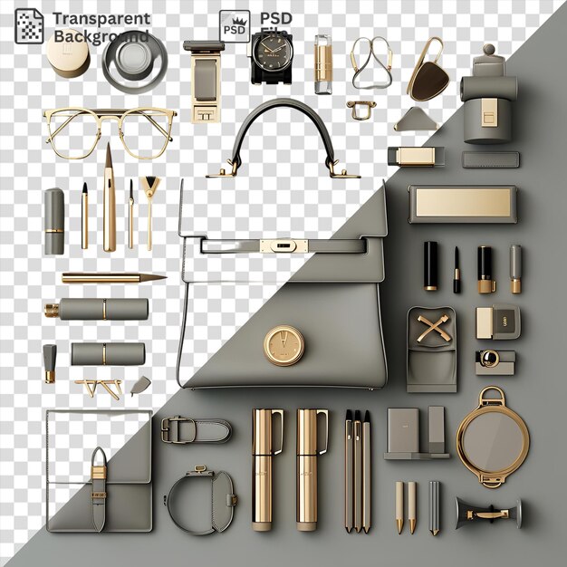 PSD 독특한 럭셔리 드백 디자인 도구 세트는 회색과 투명한 배경에 표시되며 금색 시계, 은색 및 회색 케이스 및 은색 안경을 특징으로합니다.