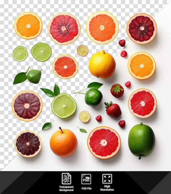 PSD unique fresh fruits set a colorful assortment of citrus fruits including oranges lemons limes and grapefruit arranged on a transparent background with green leaves in the background