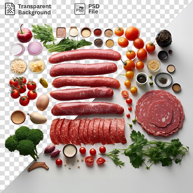 PSD Уникальная кулинарная колбаса, сделанная на прозрачном фоне с разнообразием красочных овощей, включая красные помидоры, зеленую брокколи и небольшой красный помидор, а также коричневый