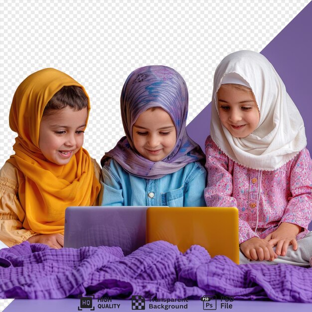 PSD unique a group of schoolchildren studying remotely togather on a purple table in front of a purple wall with one girl wearing a yellow scarf and another wearing a purple scarf while png psd