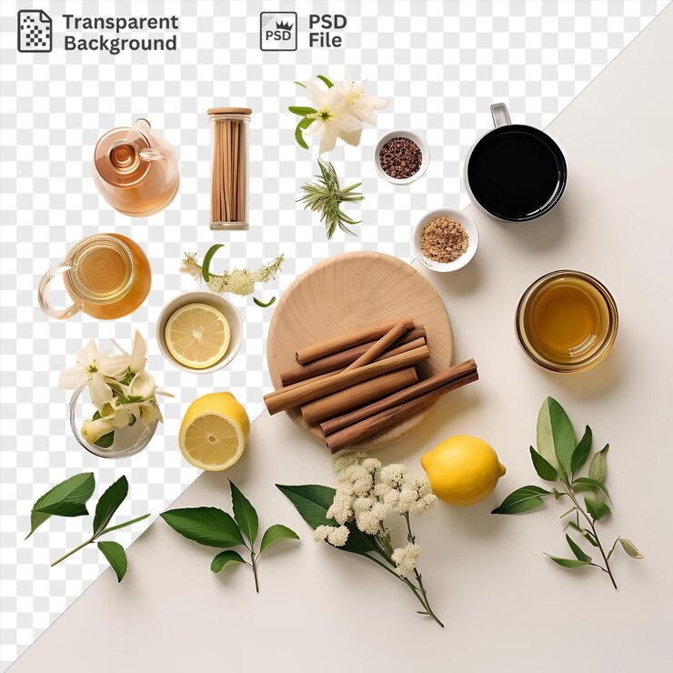PSD 獨特的草藥茶和健康套件顯示在木製切割板上,有各種草藥和香料,包括小白花玻璃瓶和棕色碗