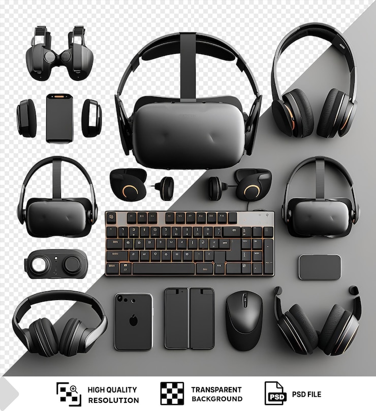 PSD 独特のハイテクバーチャルリアリティゲームセットで透明な背景に黒いヘッドフォンキーボードマウスが搭載されています