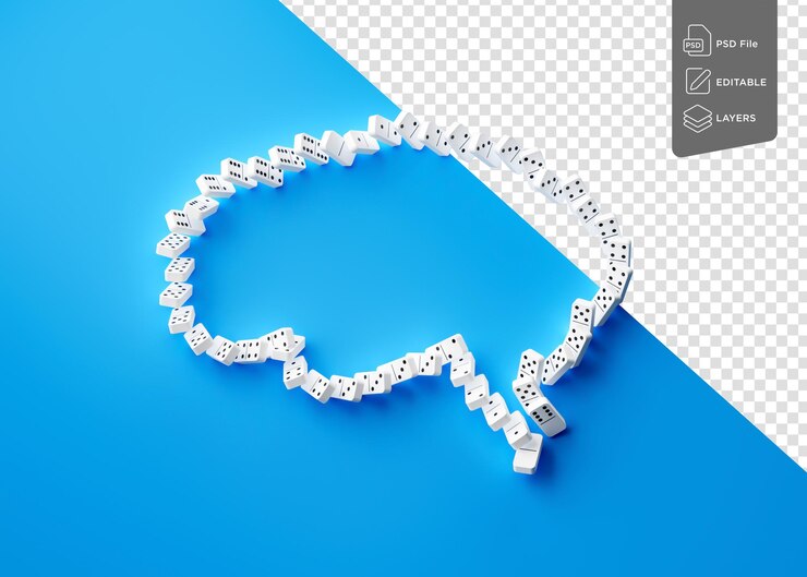 PSD unique human brain made of domino tiles isolated on blue background 3d illustration