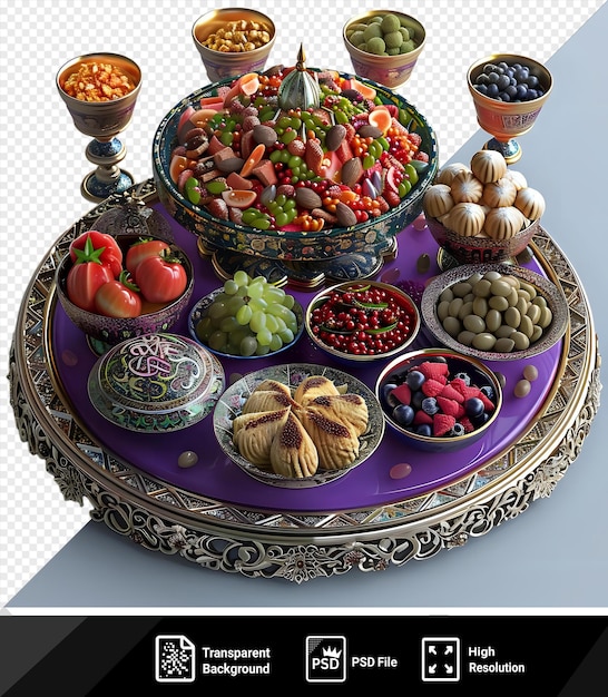 Piatto di servizio iftar unico per il ramadan con un assortimento colorato di frutta e verdura tra cui uva verde pomodori rossi e una varietà di ciotole in tonalità viola blu e marrone