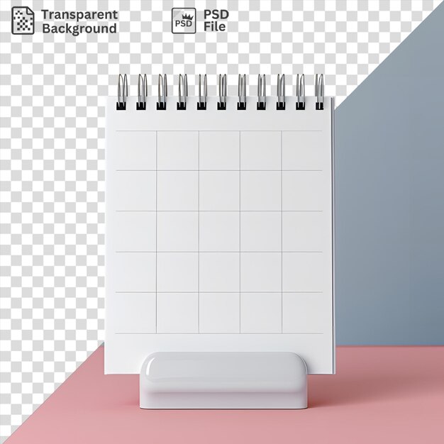 PSD unique kitchen calendar displayed on a white stand against a white and blue wall