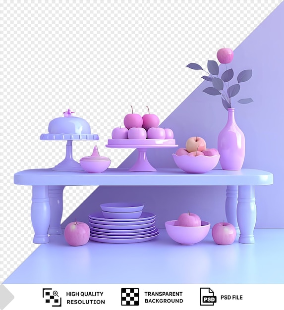 PSD unique kuchens in pink and white vases sit on a transparent background against a purple and white wall accompanied by a white plate png