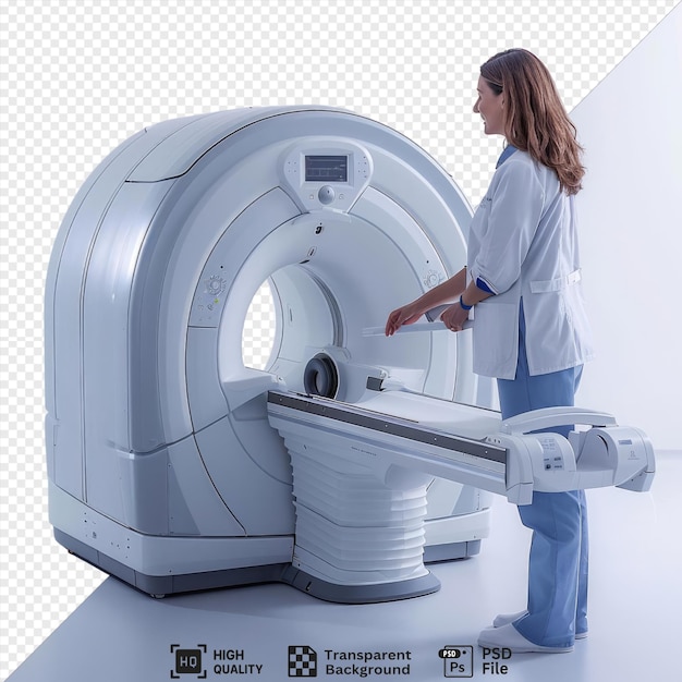 PSD unique longhaired doctor preparing mri scanner for work on white floor with long brown hair visible in the background png psd