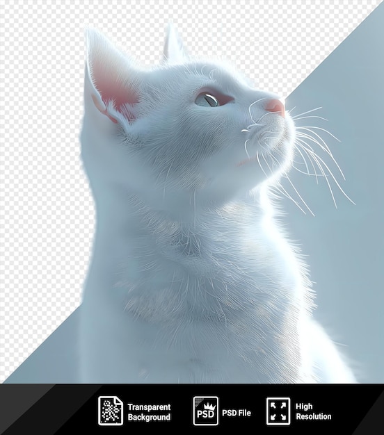 PSD unique lovely white cat with pink nose and ears red eye and long whiskers on a blue background png psd